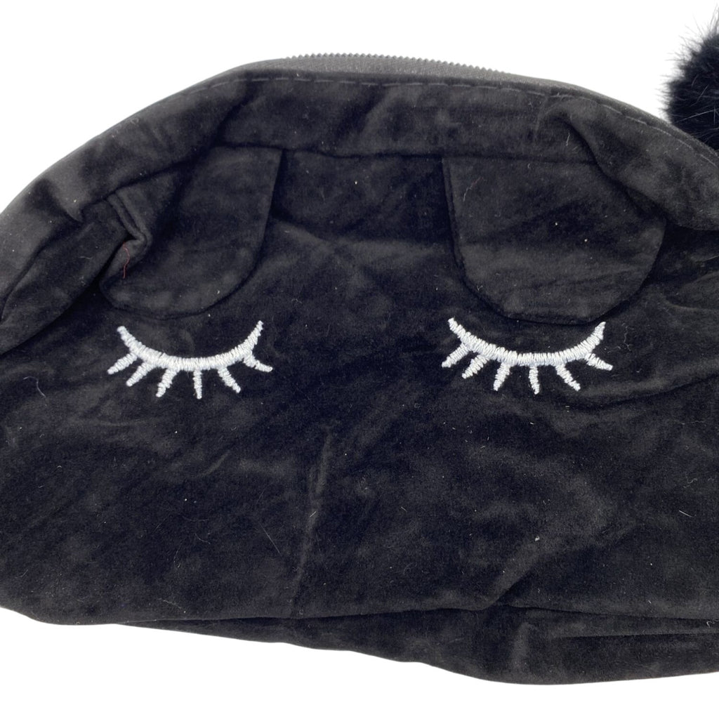 Black Velvet Cosmetic Pouch With Embroidered Eyelash Design & Fluffy Pom Pom