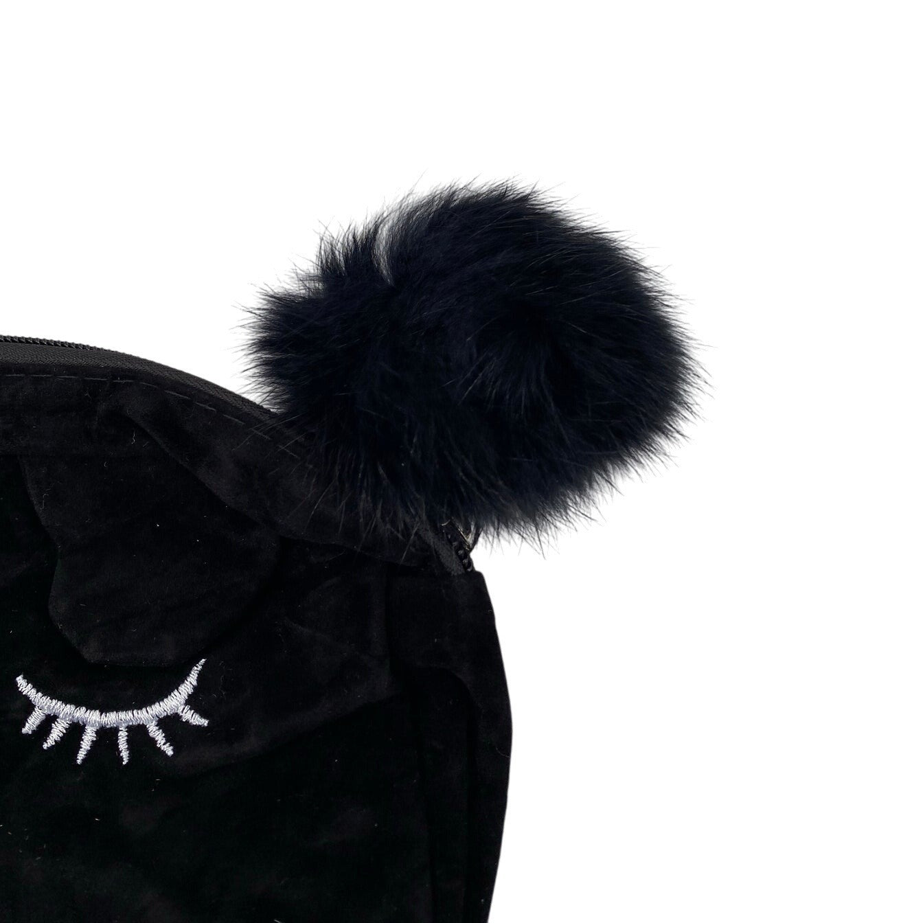 Black Velvet Cosmetic Pouch With Embroidered Eyelash Design & Fluffy Pom Pom