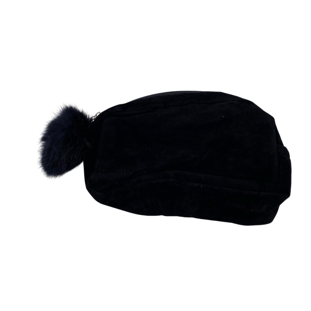 Black Velvet Cosmetic Pouch With Embroidered Eyelash Design & Fluffy Pom Pom
