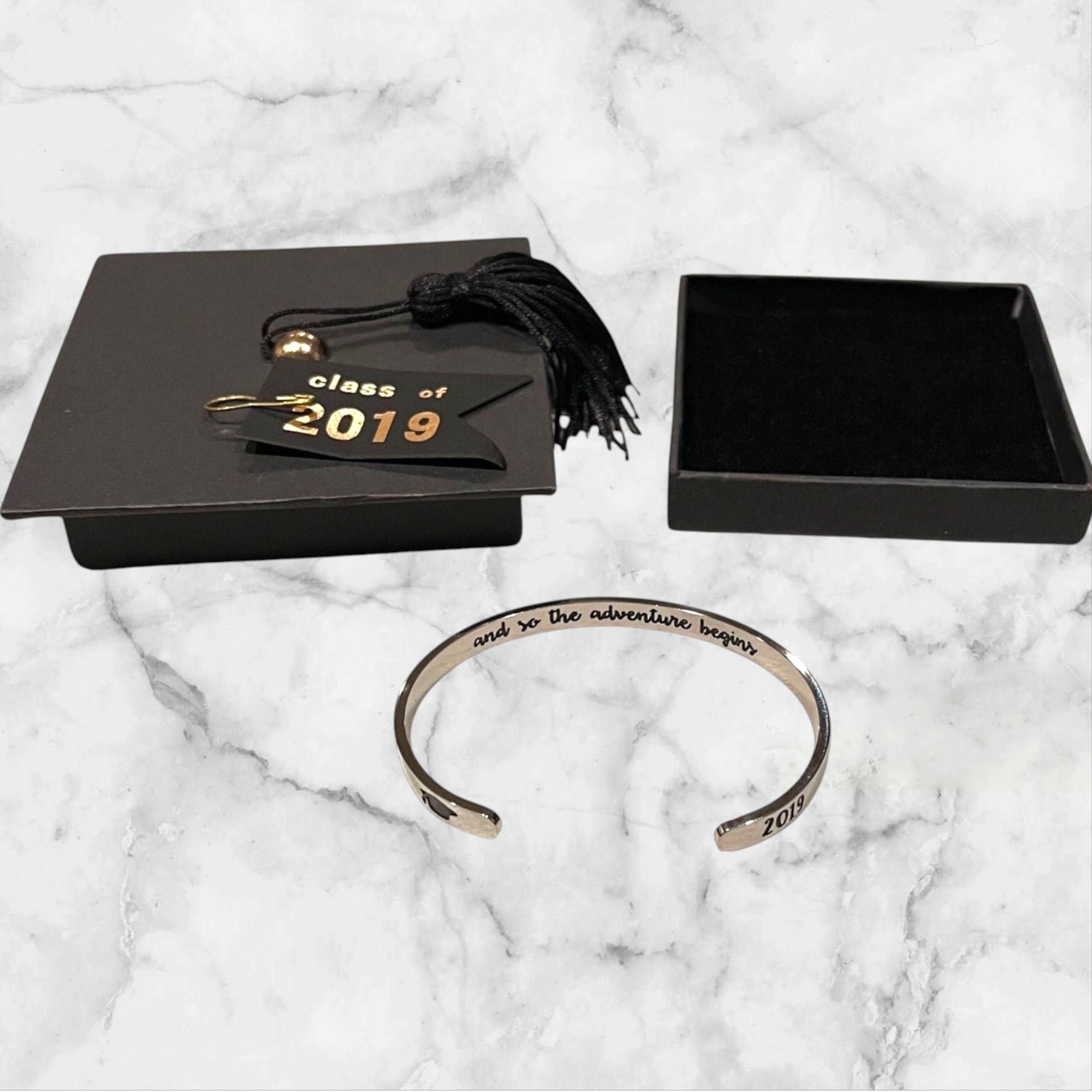 Graduation Bracelet Class Of 2019 Bangle "And So The Adventure Begins" Adjustable Cuff