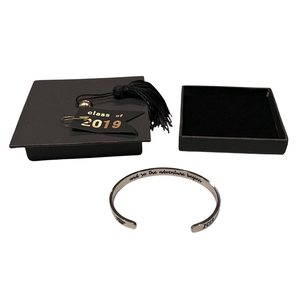 Graduation Bracelet Class Of 2019 Bangle "And So The Adventure Begins" Adjustable Cuff