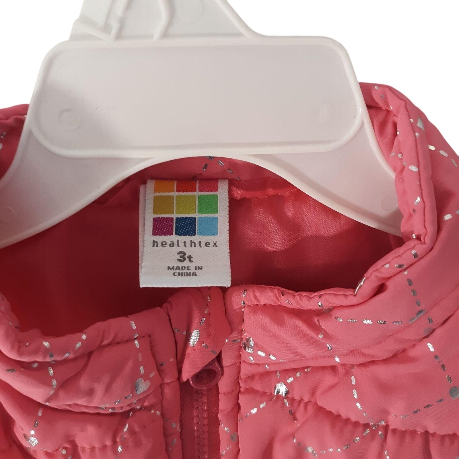 Healthtex Toddler Girls Pink Puffy Vest Size 3T Silver Heart Pattern
