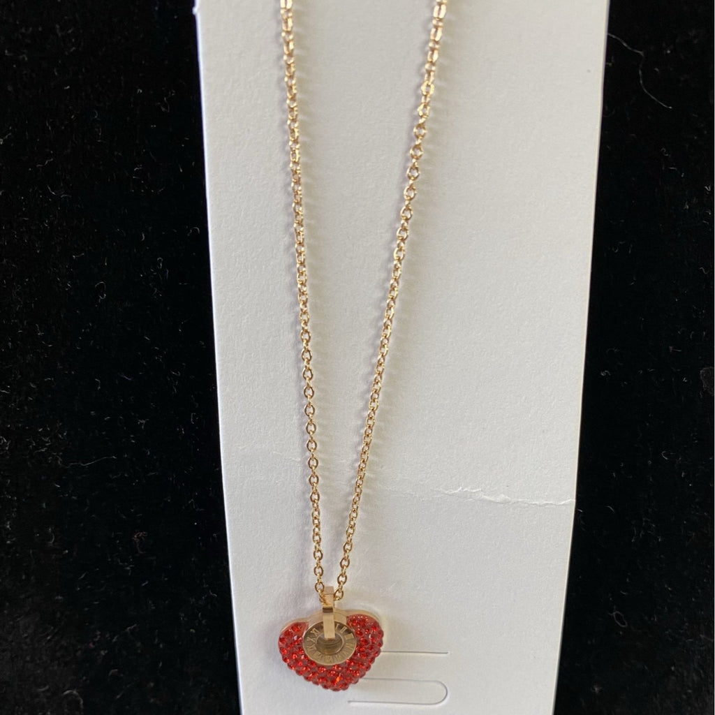 Inlaid Crystals Love Lock Heart Pendant Necklace Gold Stainless Steel Chain Red
