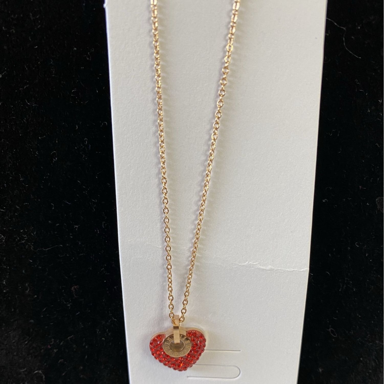 Inlaid Crystals Love Lock Heart Pendant Necklace Gold Stainless Steel Chain Red