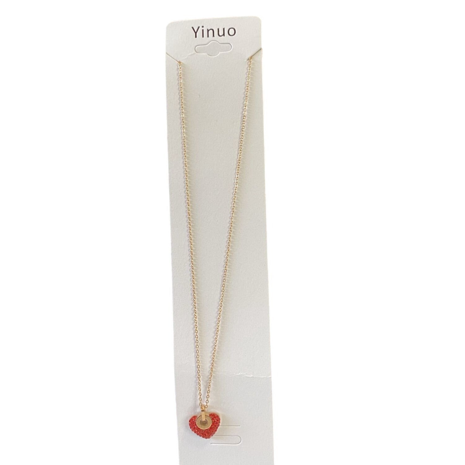 Inlaid Crystals Love Lock Heart Pendant Necklace Gold Stainless Steel Chain Red