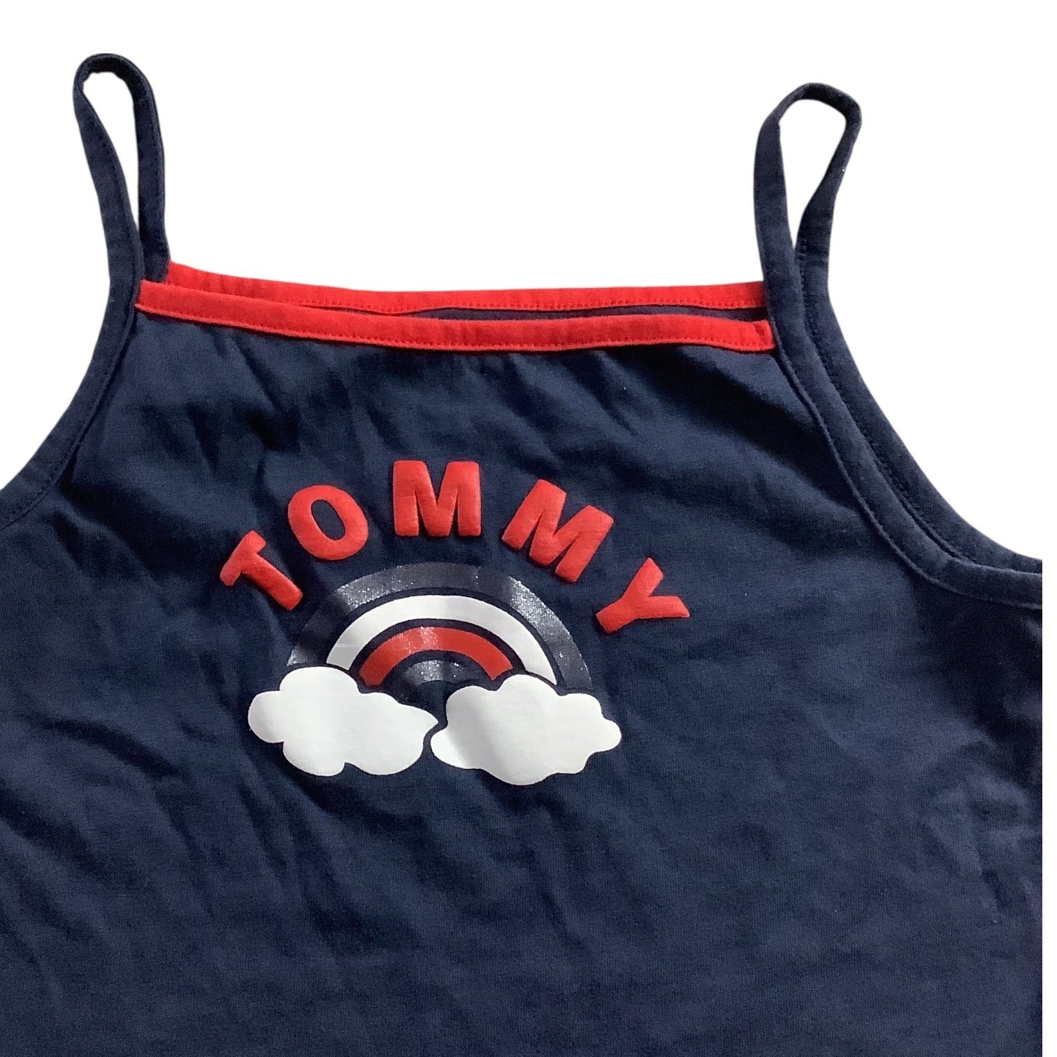 Tommy Hilfiger Girls Navy Tank Top With Ruffled Hem Size 8-10 Rainbow Print