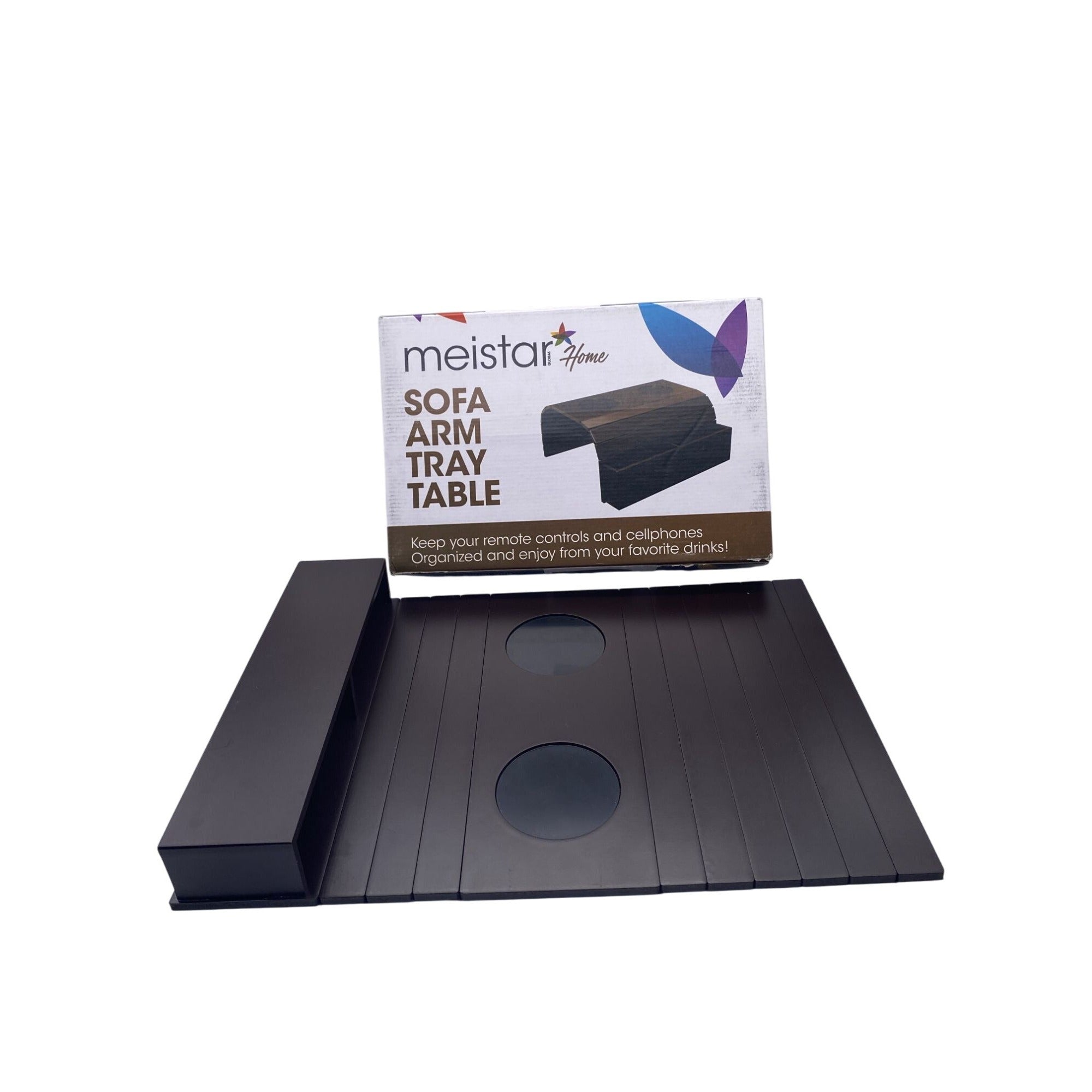 Meistar Sofa Couch Arm Tray Table With Cup Holder & Storage Pockets Dark Brown