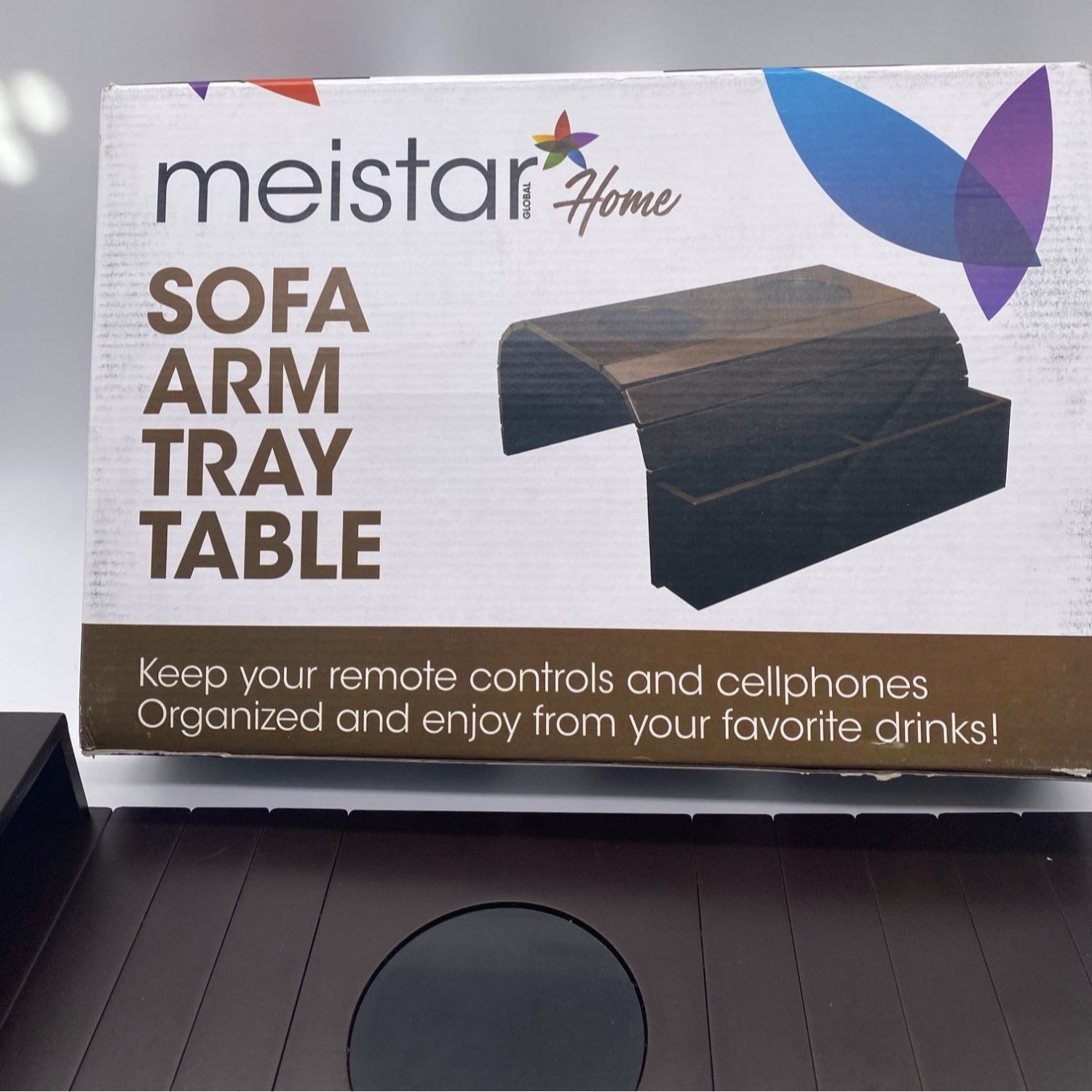 Meistar Sofa Couch Arm Tray Table With Cup Holder & Storage Pockets Dark Brown