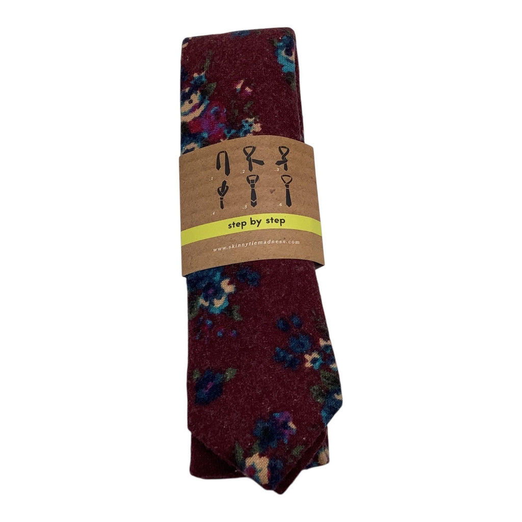 Skinny Tie Madness Mens Floral Neck Tie Burgundy Multicolor Cotton SKM3222
