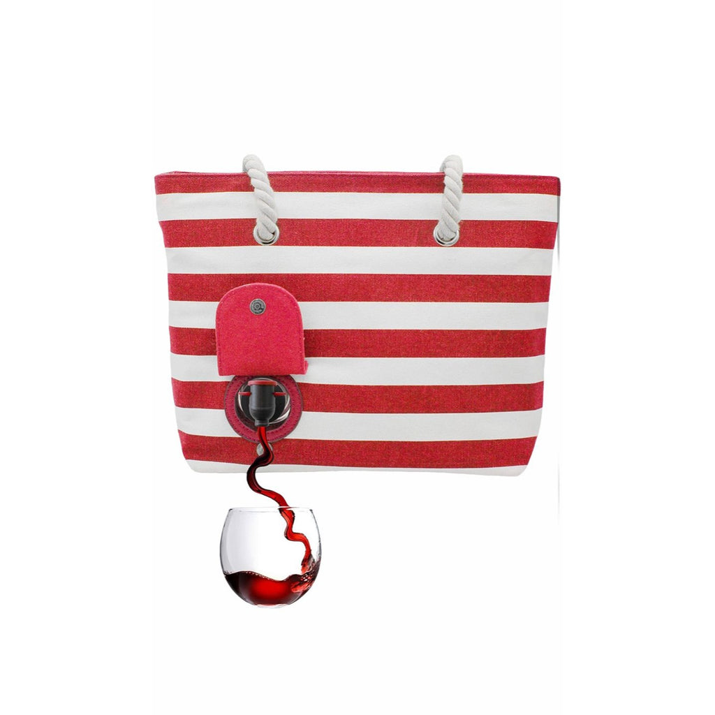 PortoVino Beach Wine Tote Red White Stripe Bag W/ Hidden Insulated Compartment