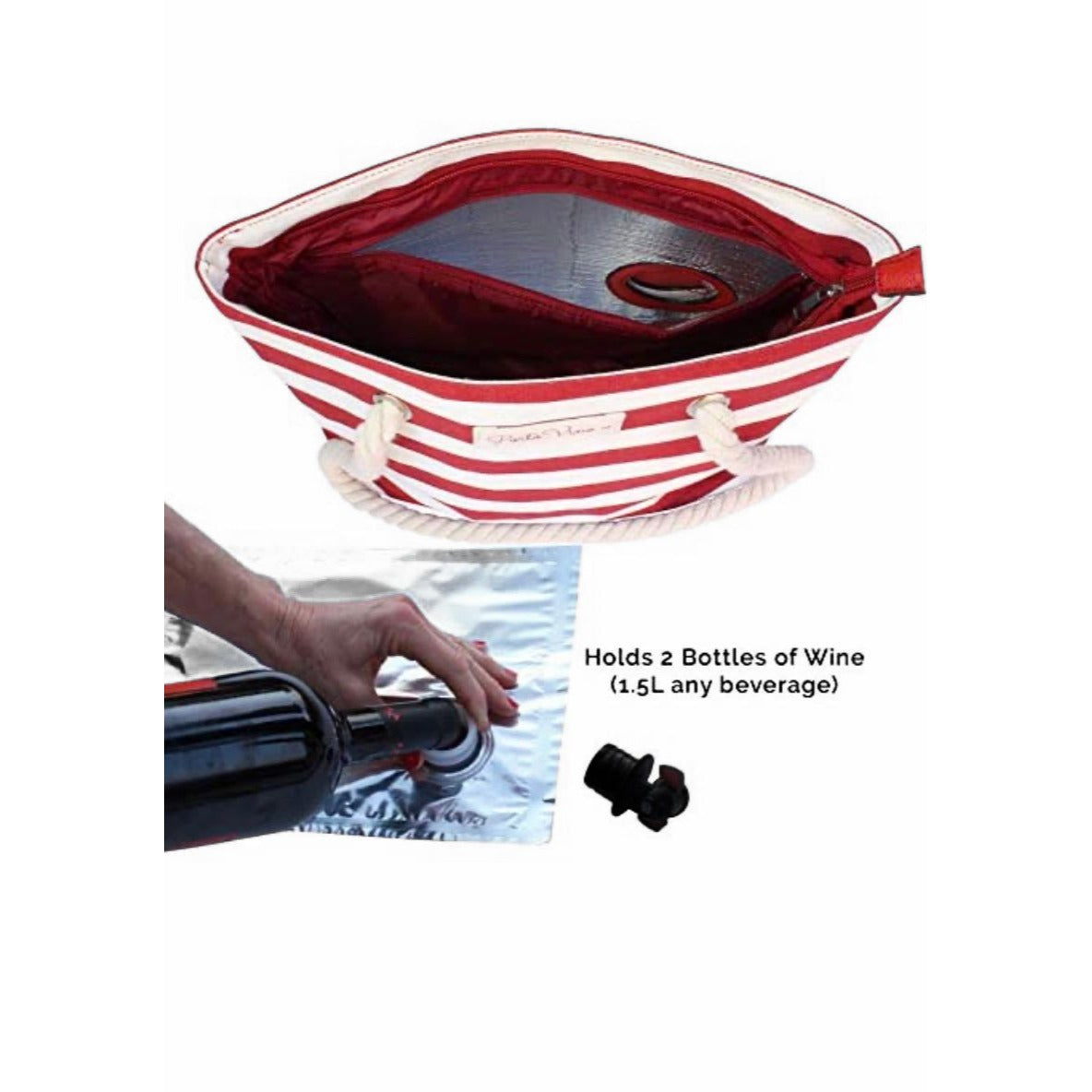 PortoVino Beach Wine Tote Red White Stripe Bag W/ Hidden Insulated Compartment