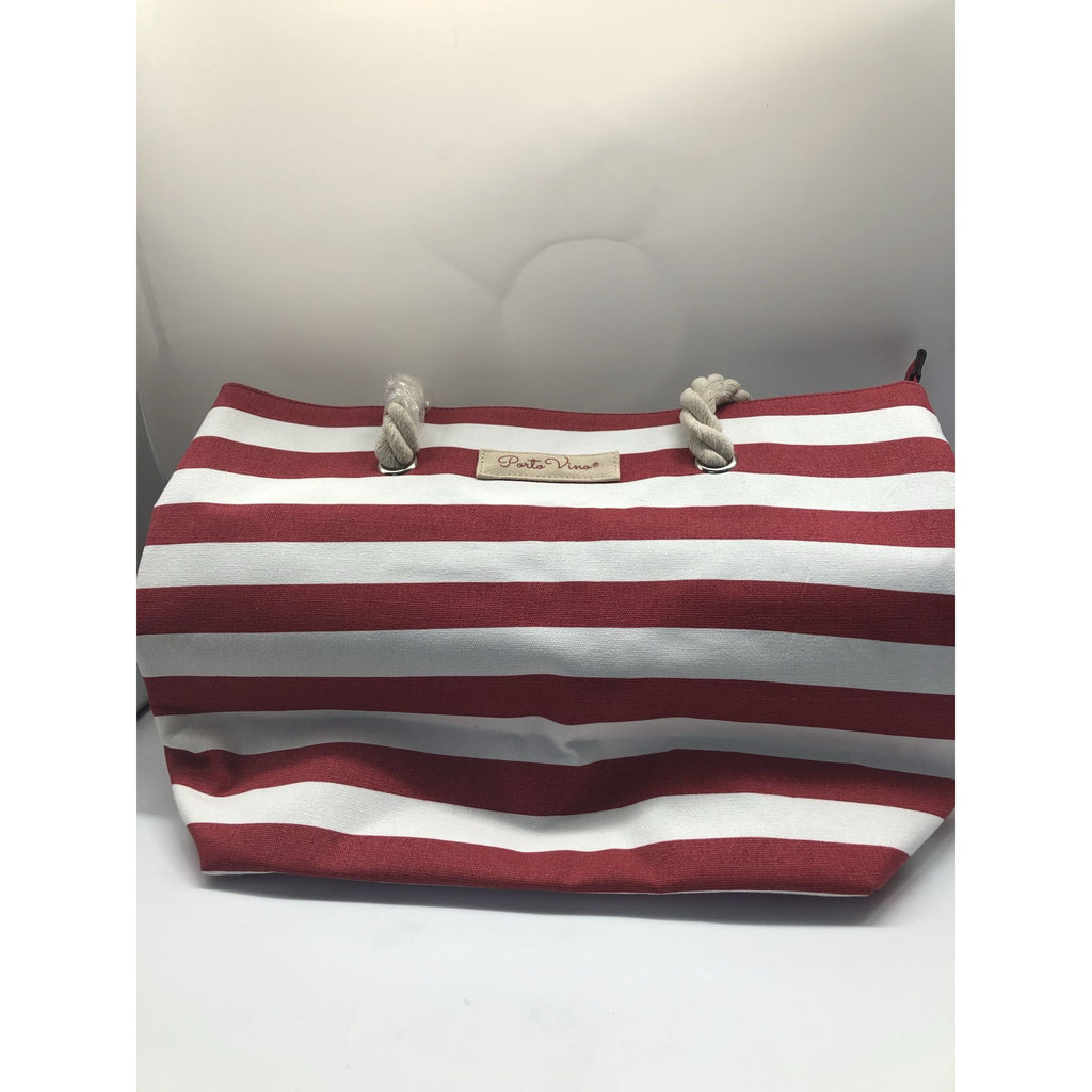 PortoVino Beach Wine Tote Red White Stripe Bag W/ Hidden Insulated Compartment