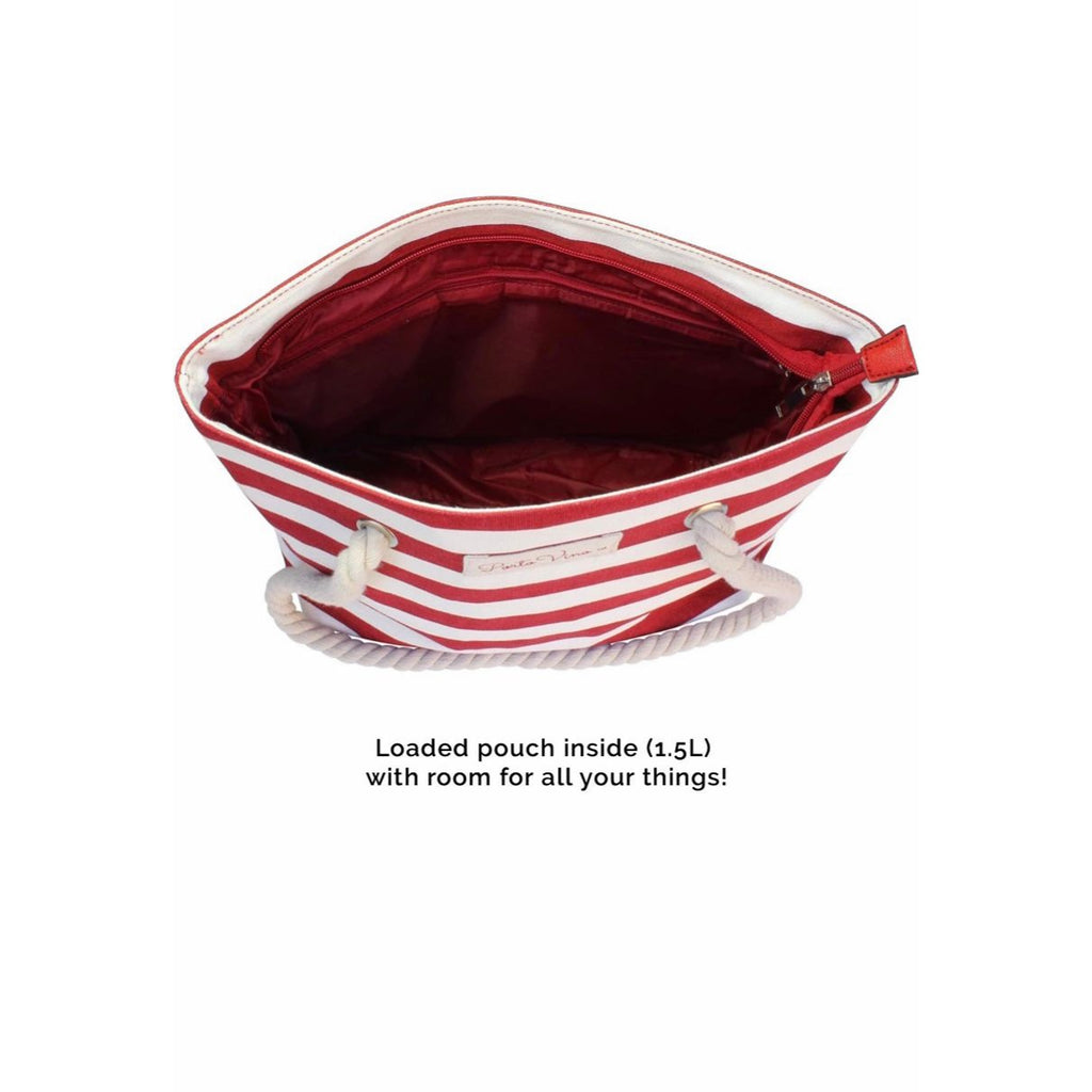 PortoVino Beach Wine Tote Red White Stripe Bag W/ Hidden Insulated Compartment