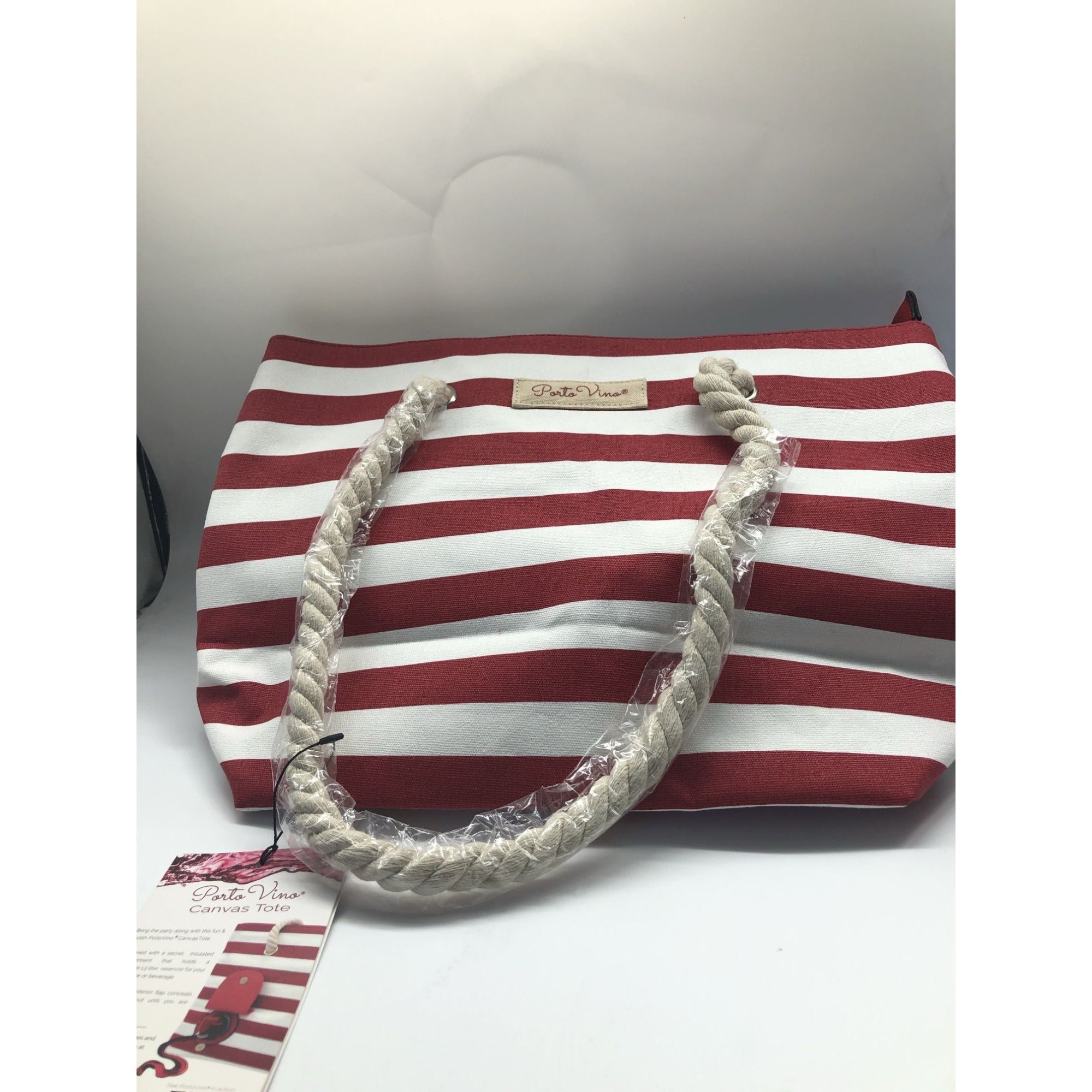 PortoVino Beach Wine Tote Red White Stripe Bag W/ Hidden Insulated Compartment