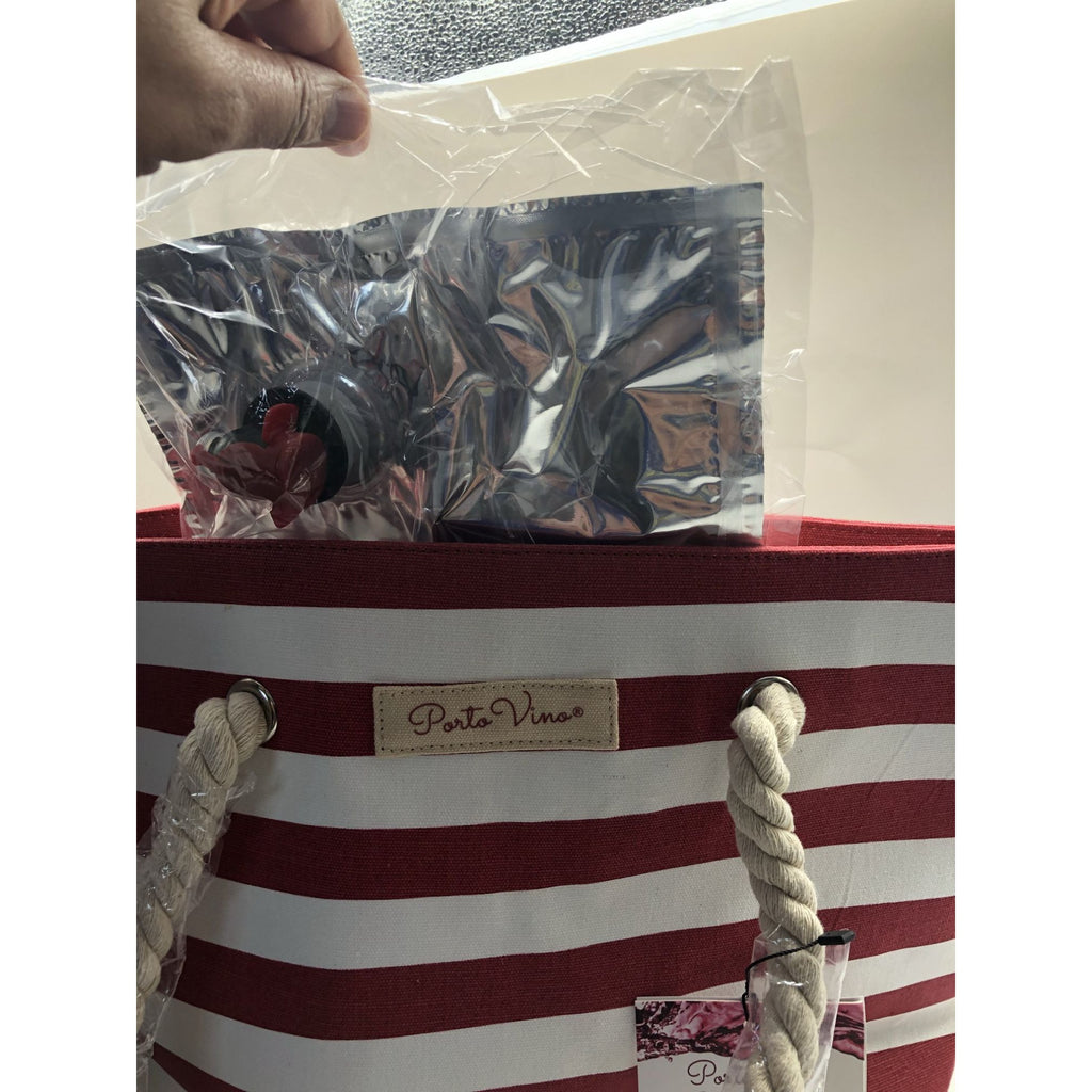 PortoVino Beach Wine Tote Red White Stripe Bag W/ Hidden Insulated Compartment