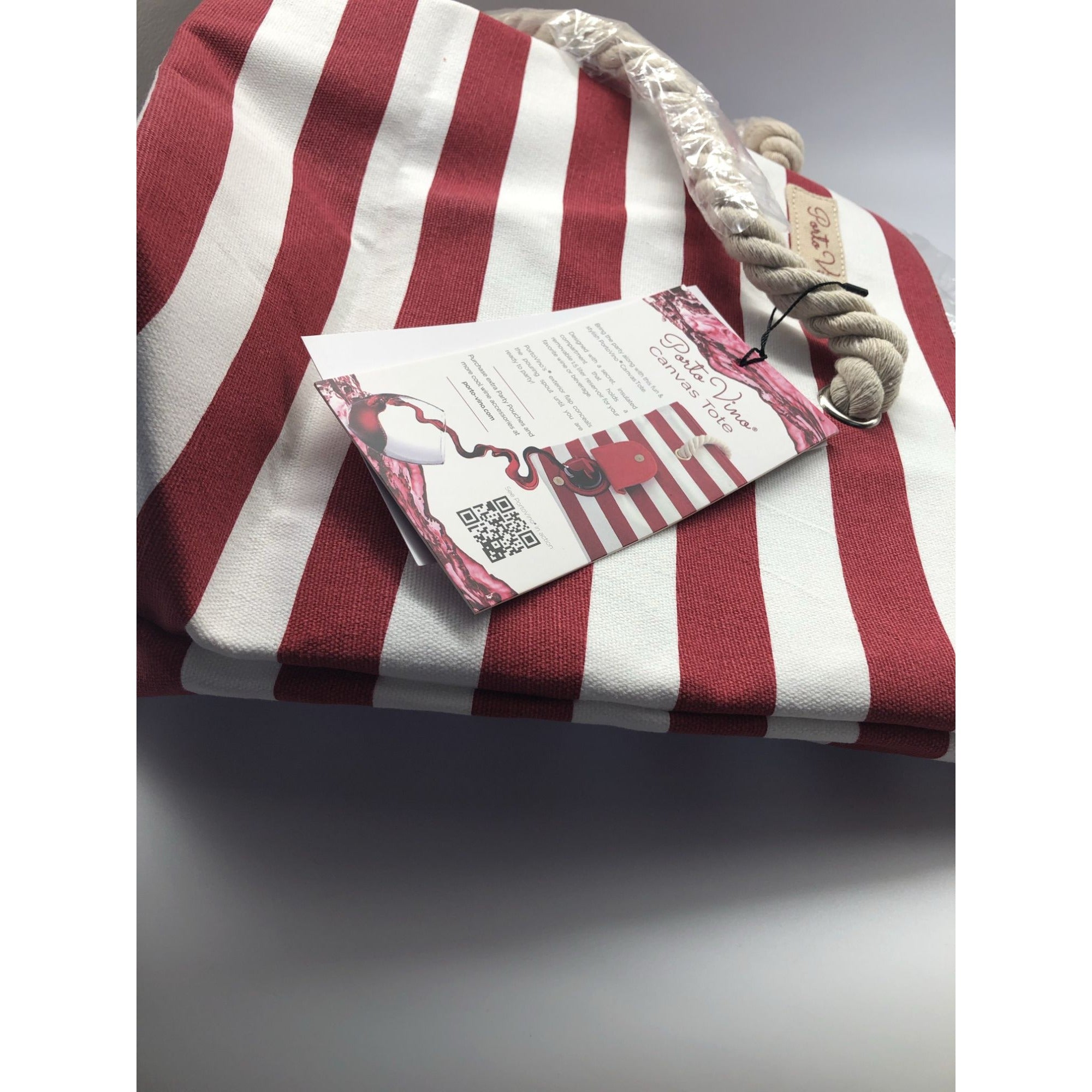 PortoVino Beach Wine Tote Red White Stripe Bag W/ Hidden Insulated Compartment