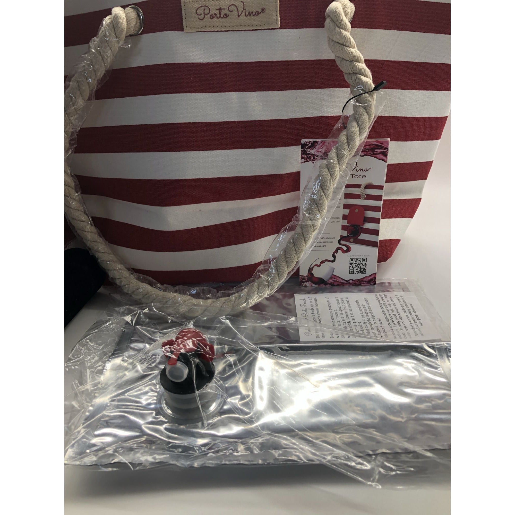 PortoVino Beach Wine Tote Red White Stripe Bag W/ Hidden Insulated Compartment