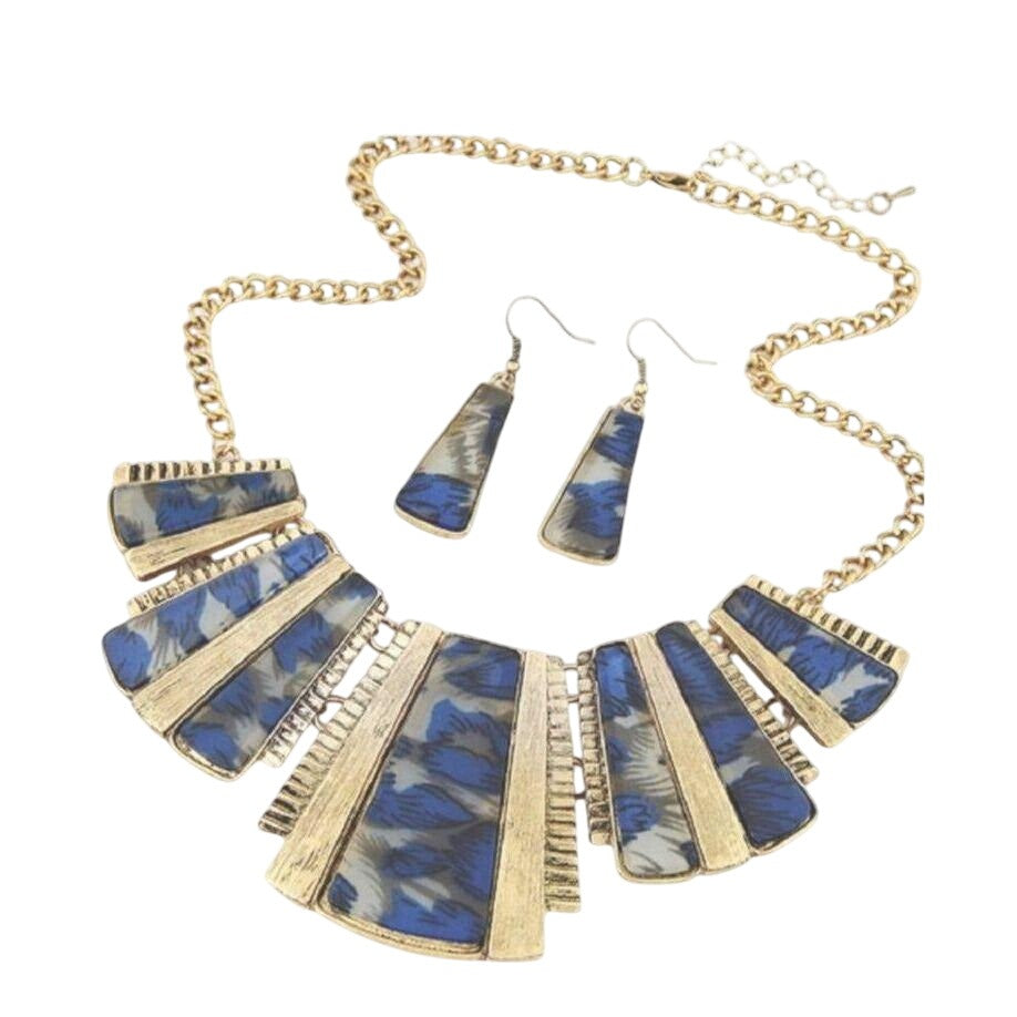 Bohemian Bib Necklace & Earrings Set Gold Chain Blue Printed Resin Alloy