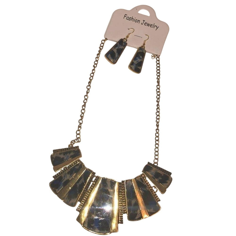 Bohemian Bib Necklace & Earrings Set Gold Chain Blue Printed Resin Alloy