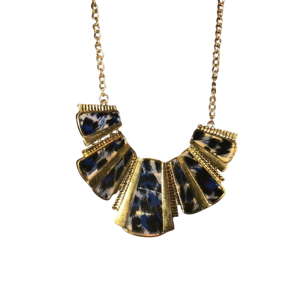 Bohemian Bib Necklace & Earrings Set Gold Chain Blue Printed Resin Alloy