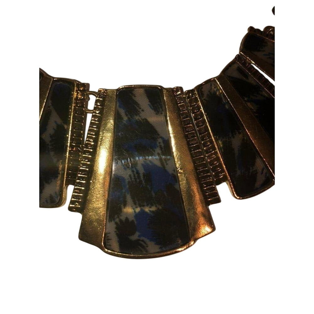 Bohemian Bib Necklace & Earrings Set Gold Chain Blue Printed Resin Alloy