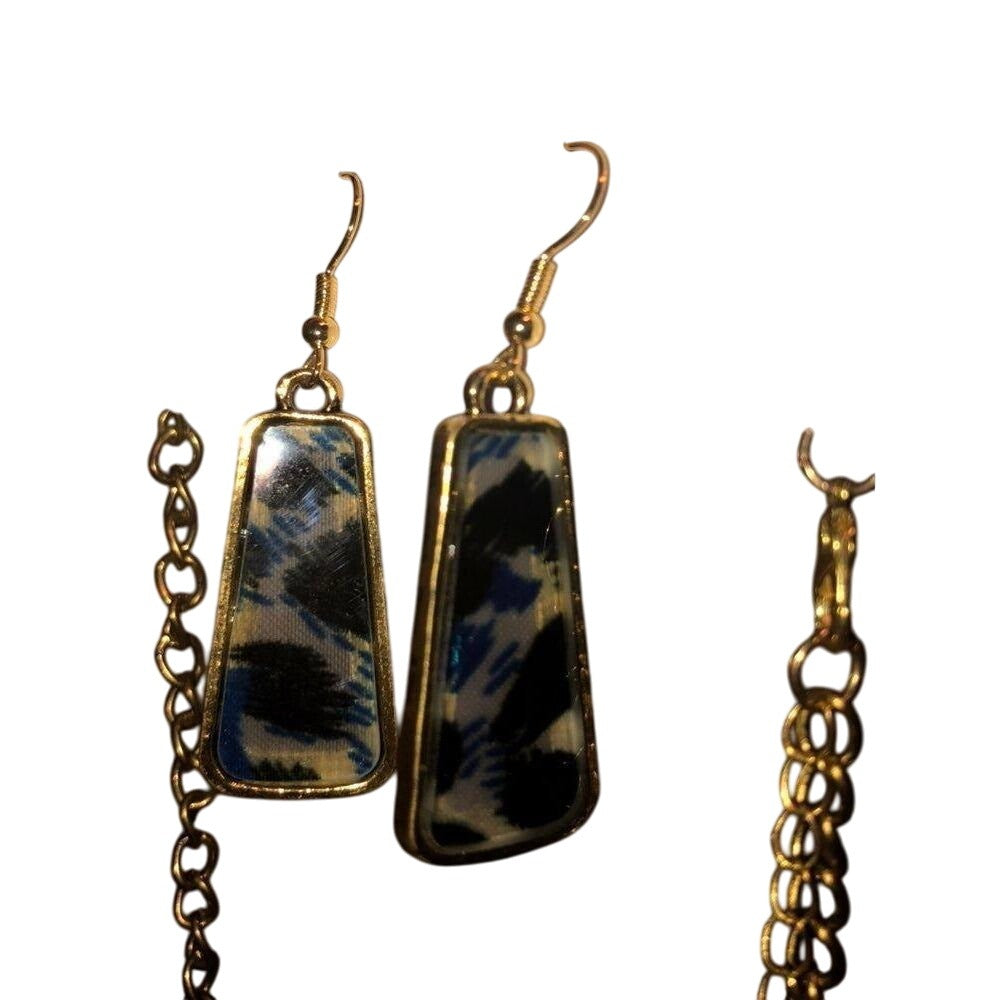 Bohemian Bib Necklace & Earrings Set Gold Chain Blue Printed Resin Alloy