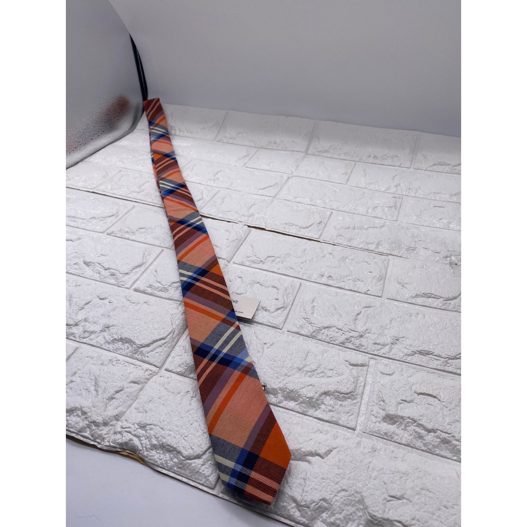 Skinny Tie Madness Mens Plaid Necktie Officer Orange Slim Fit Cotton Tie SKM2128