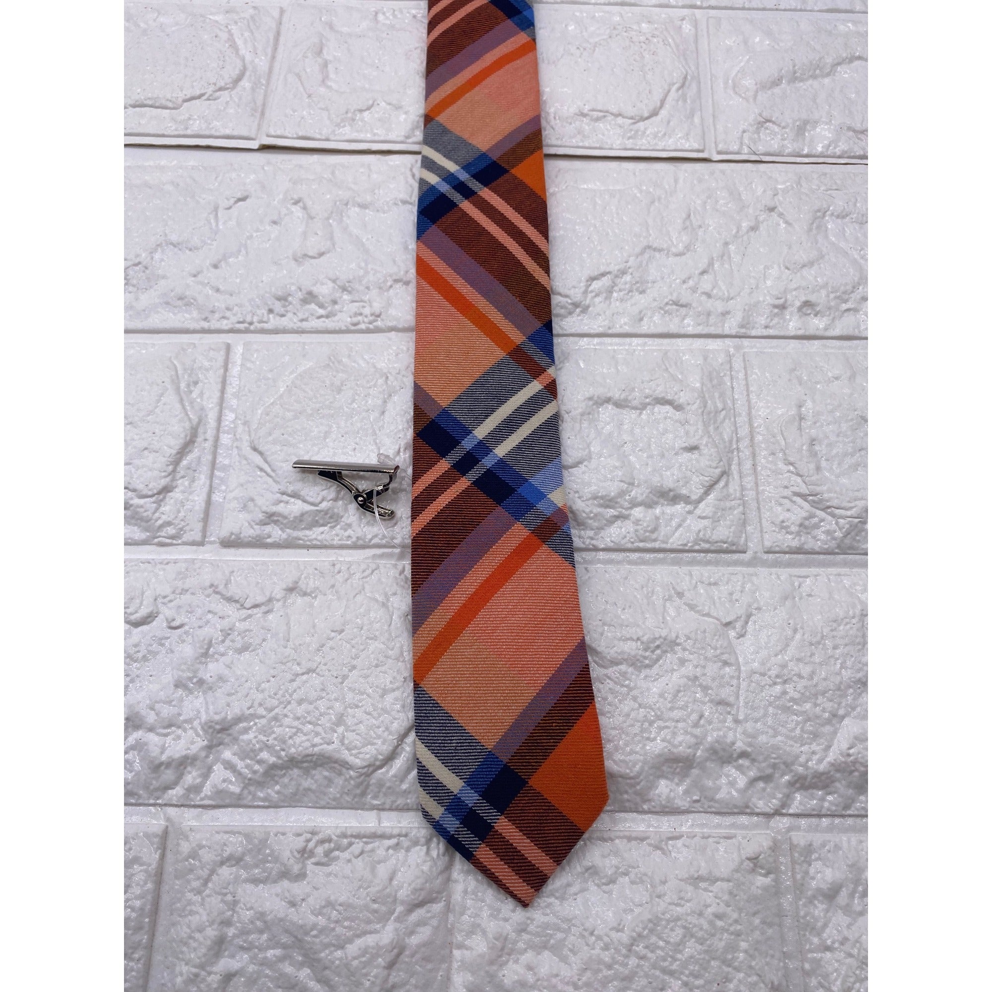 Skinny Tie Madness Mens Plaid Necktie Officer Orange Slim Fit Cotton Tie SKM2128