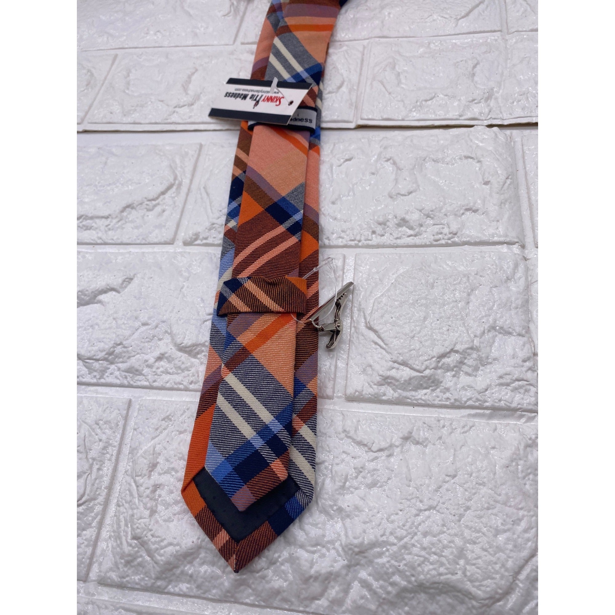 Skinny Tie Madness Mens Plaid Necktie Officer Orange Slim Fit Cotton Tie SKM2128