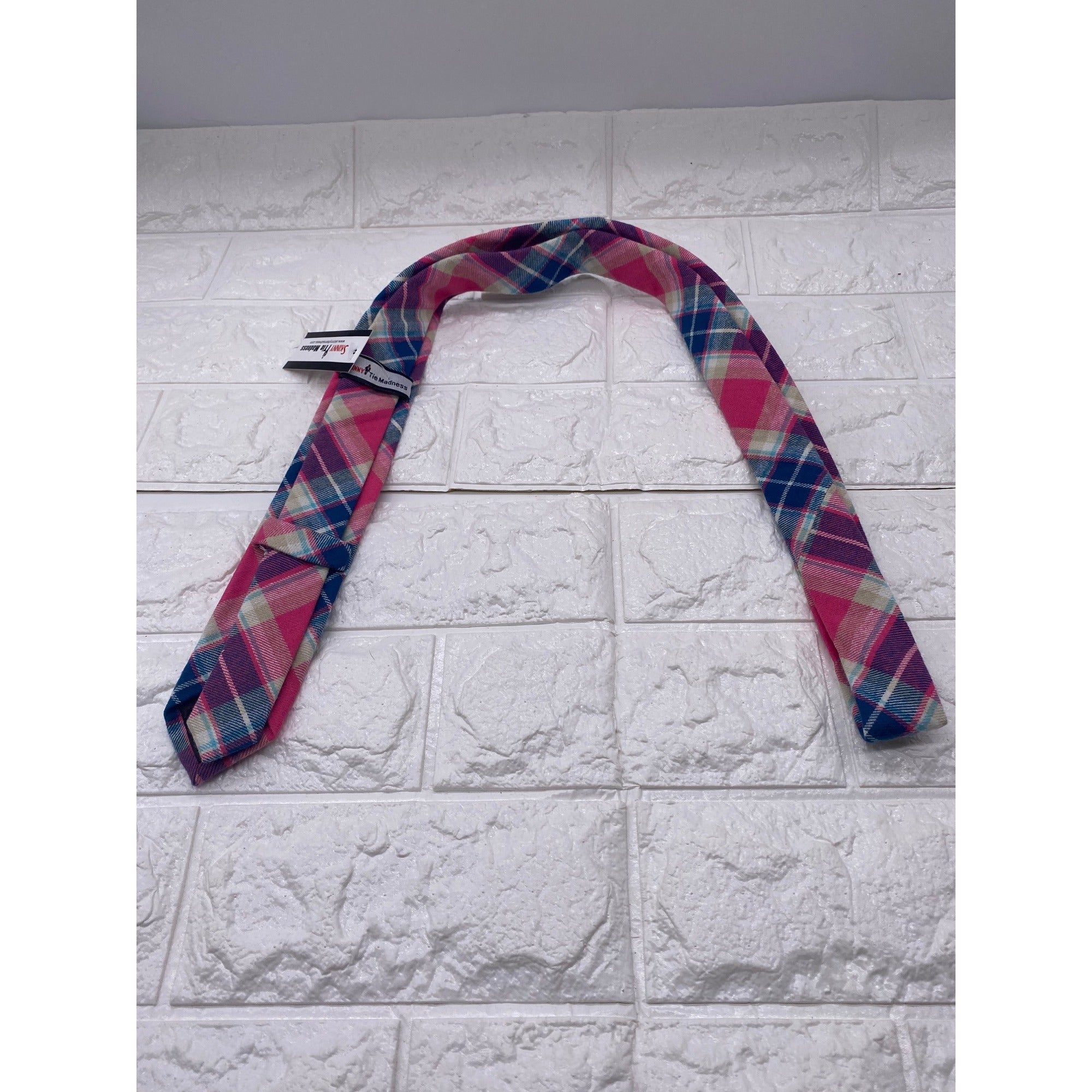 Skinny Tie Madness Salad Alarm Plaid Necktie Cotton Pink Multicolor SKM754