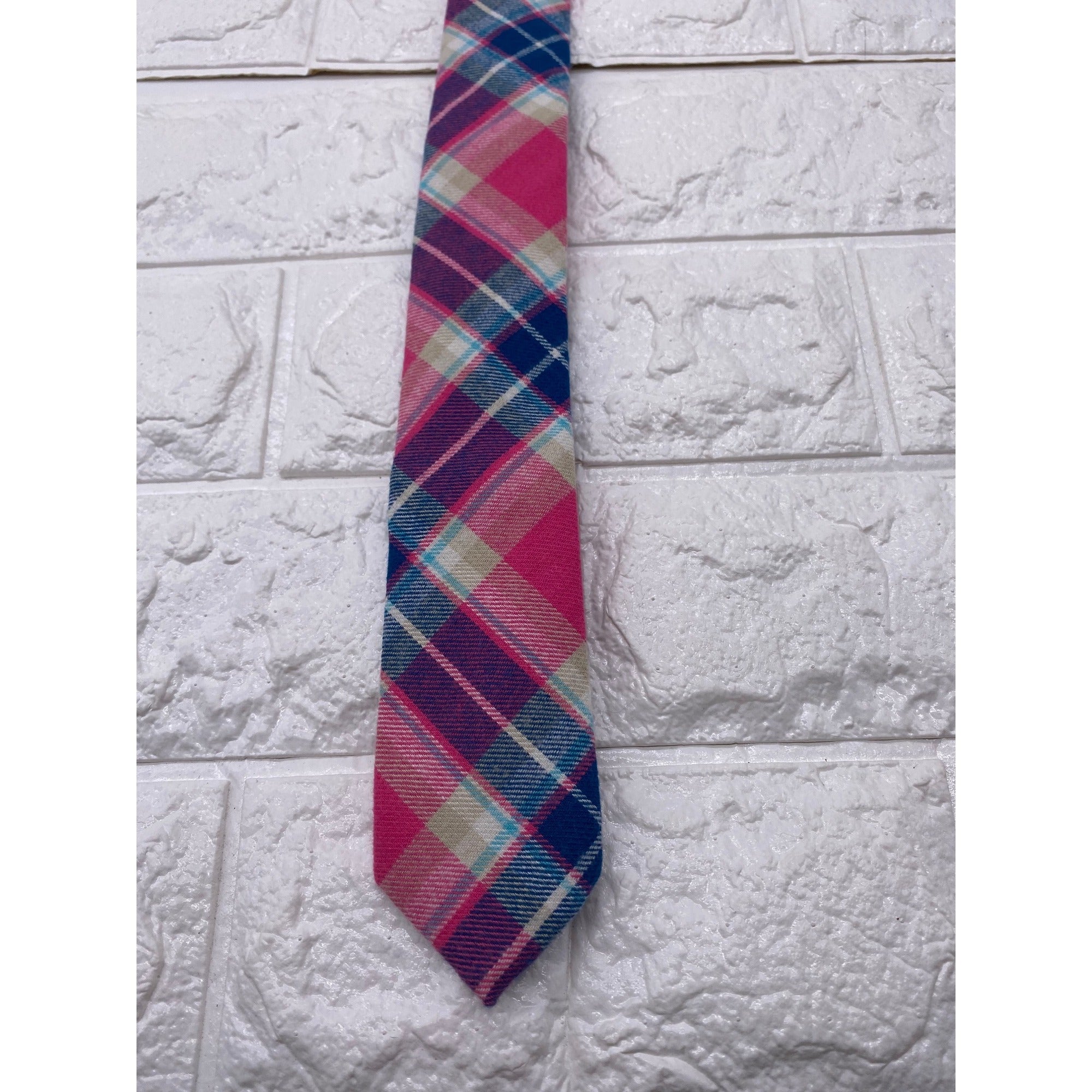Skinny Tie Madness Salad Alarm Plaid Necktie Cotton Pink Multicolor SKM754