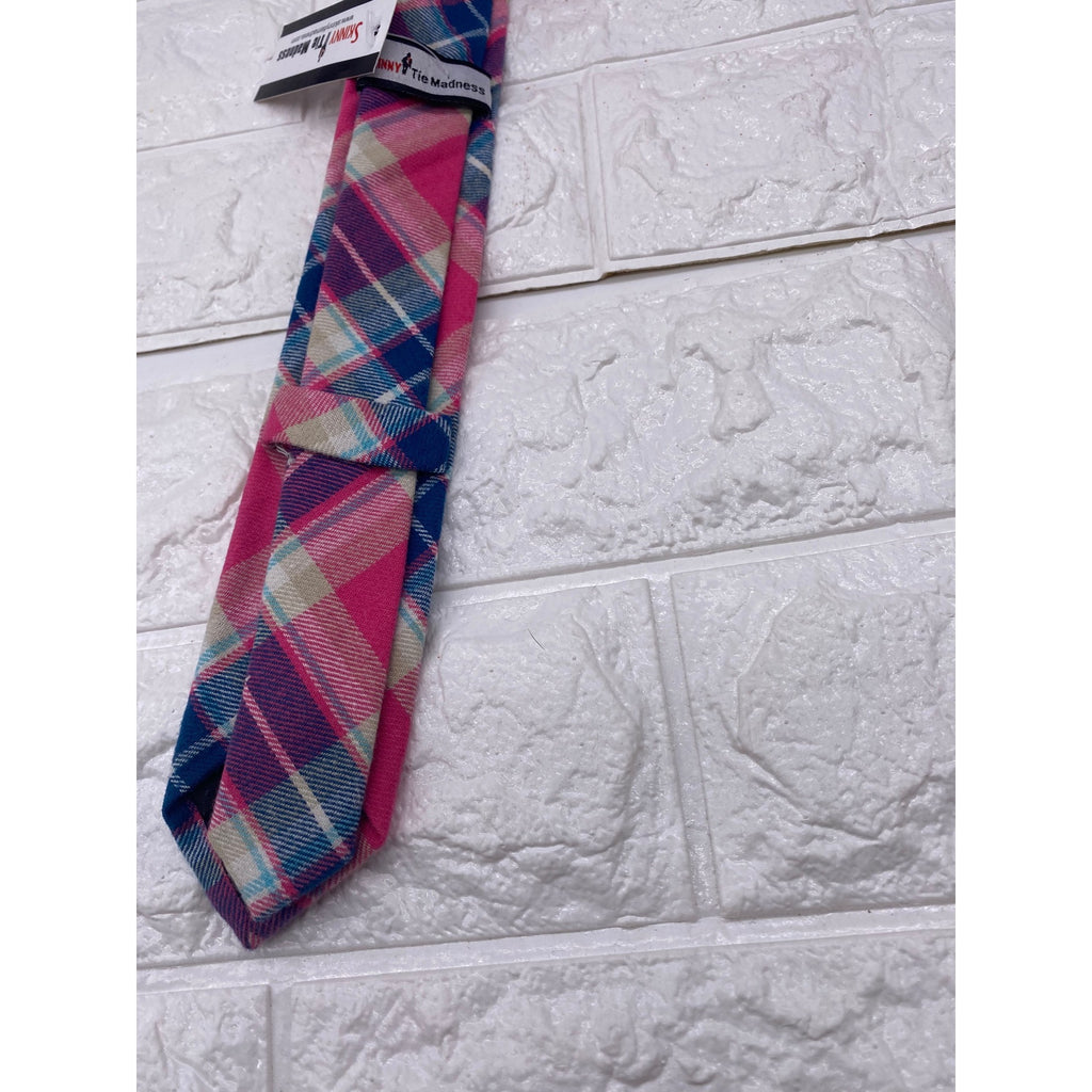Skinny Tie Madness Salad Alarm Plaid Necktie Cotton Pink Multicolor SKM754