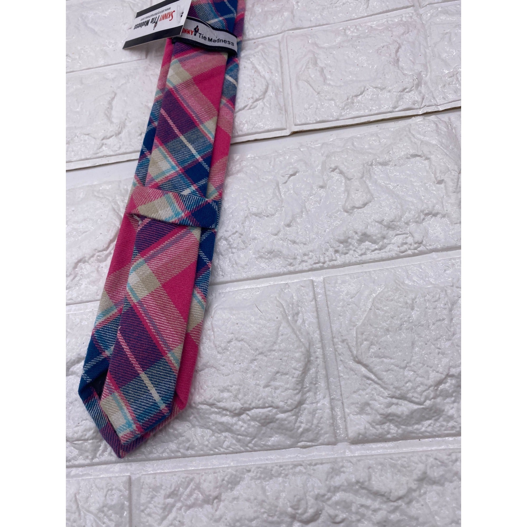 Skinny Tie Madness Salad Alarm Plaid Necktie Cotton Pink Multicolor SKM754