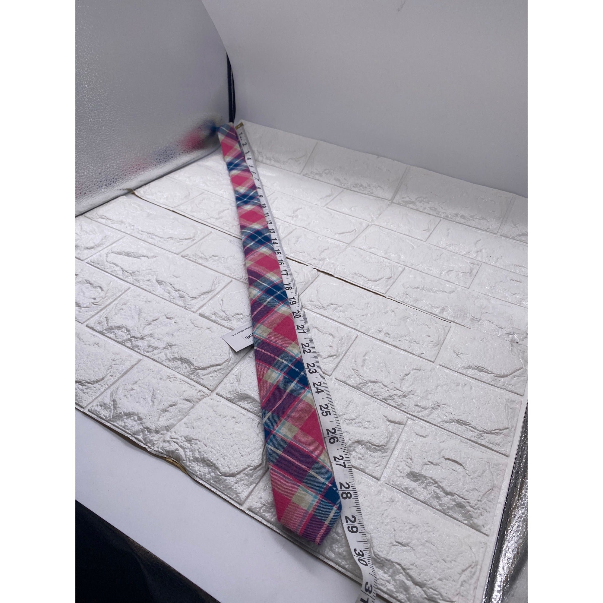 Skinny Tie Madness Salad Alarm Plaid Necktie Cotton Pink Multicolor SKM754