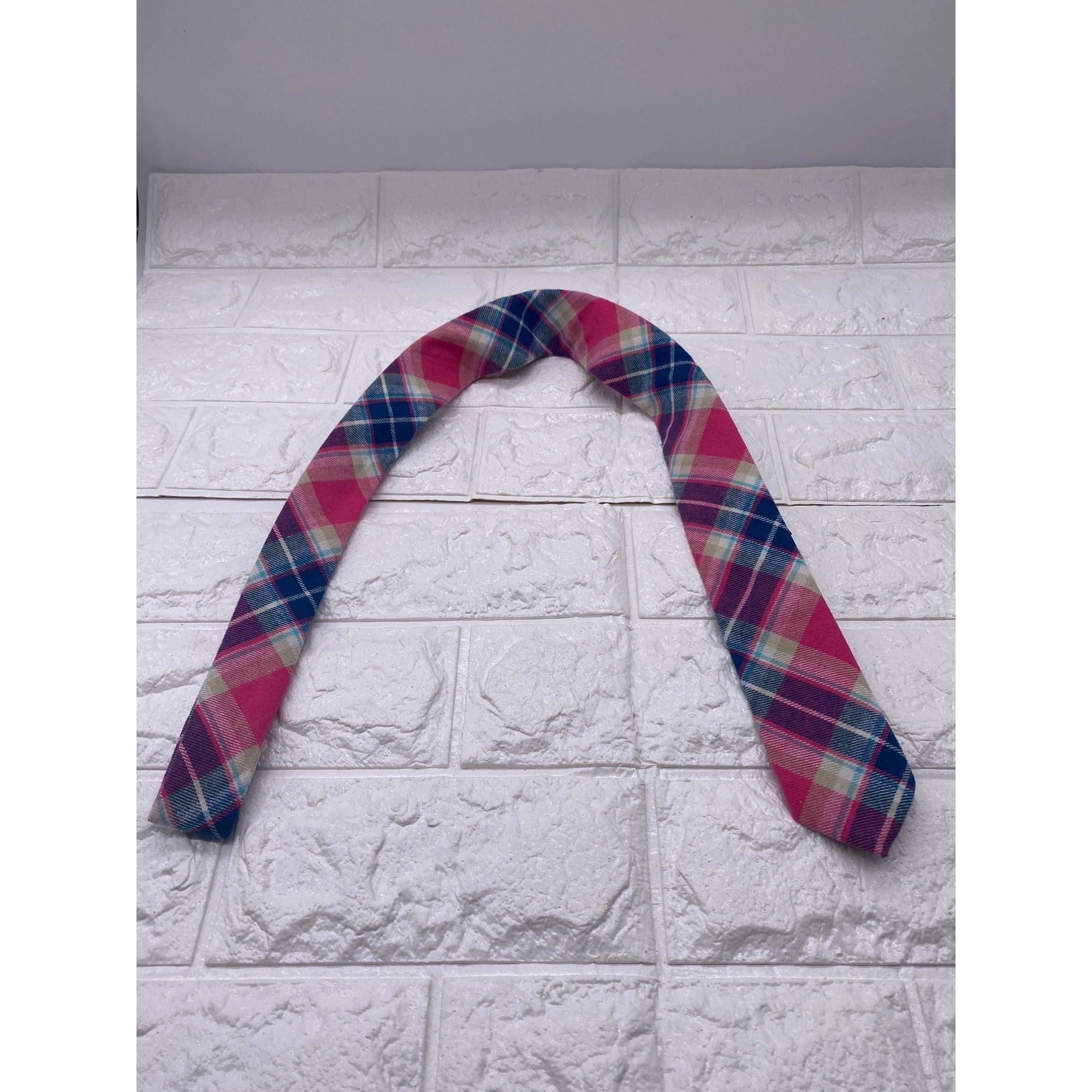 Skinny Tie Madness Salad Alarm Plaid Necktie Cotton Pink Multicolor SKM754