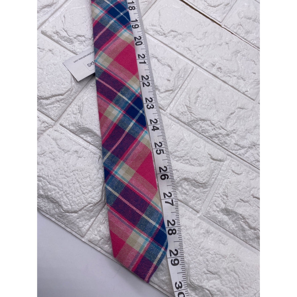 Skinny Tie Madness Salad Alarm Plaid Necktie Cotton Pink Multicolor SKM754