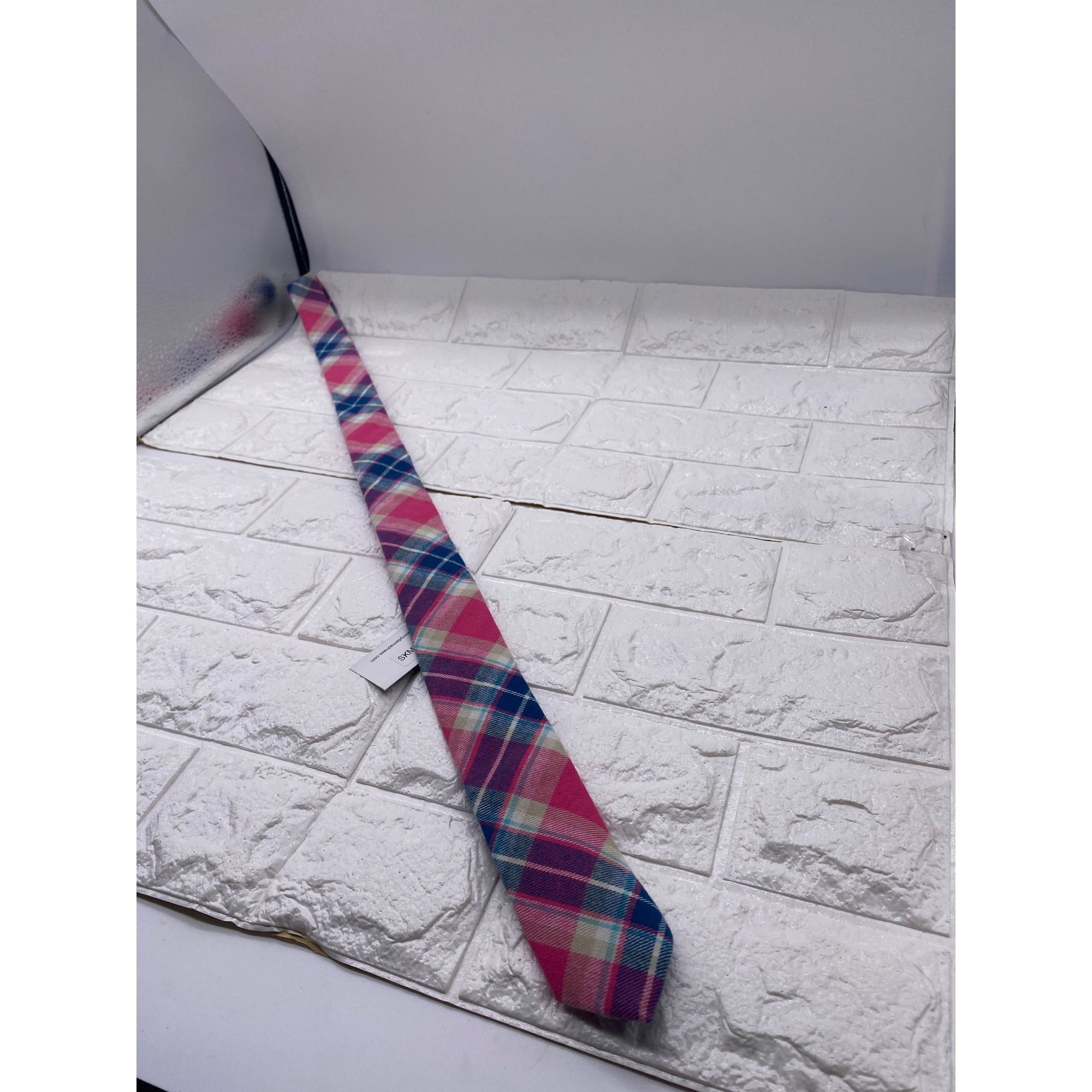 Skinny Tie Madness Salad Alarm Plaid Necktie Cotton Pink Multicolor SKM754