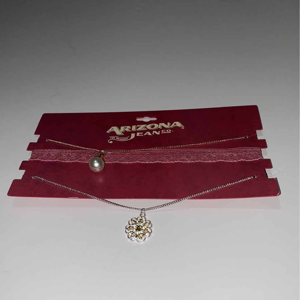 Arizona Jean Co. Womens Layered Necklace Set With Pearl & Floral Pendant Design