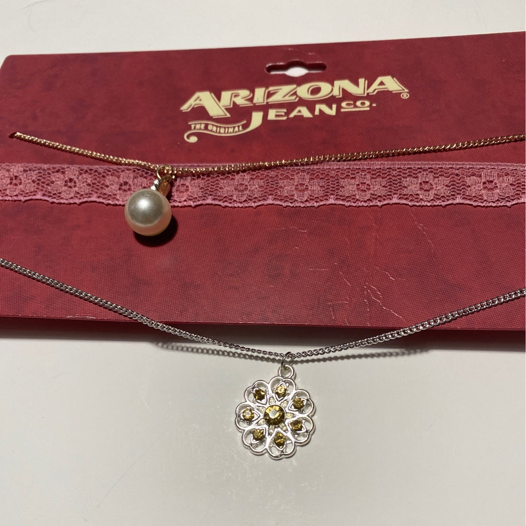 Arizona Jean Co. Womens Layered Necklace Set With Pearl & Floral Pendant Design