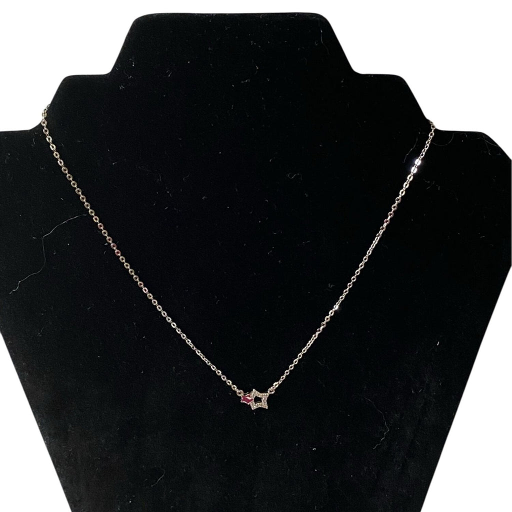 Two Star Silver Tone Necklace With Rhinestones Chain Pendant Jewelry Copper