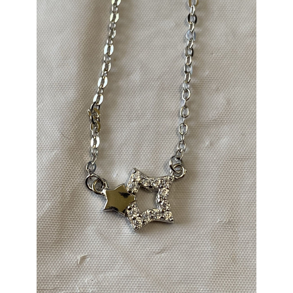 Two Star Silver Tone Necklace With Rhinestones Chain Pendant Jewelry Copper