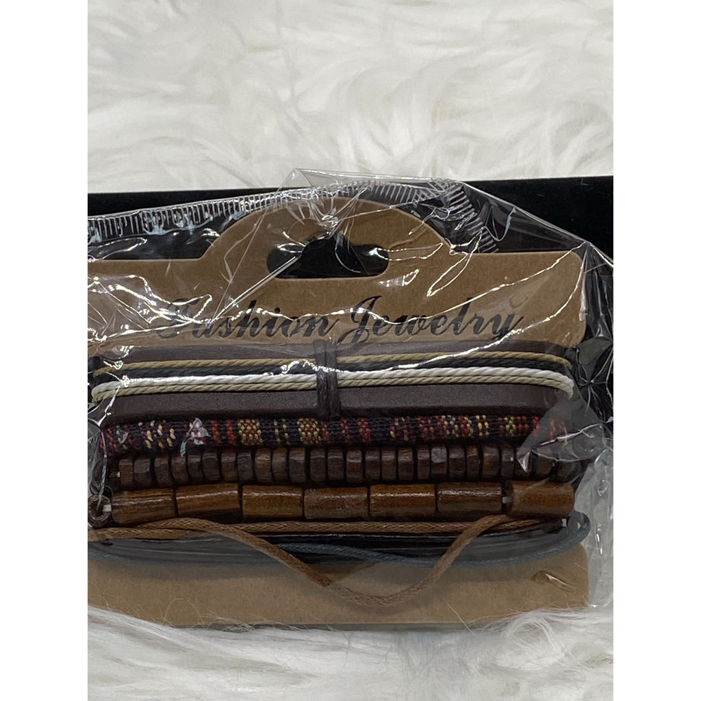 Fashion Jewelry Multilayered Cuff Bracelet Leather Stack Brown Beads Rope Mix