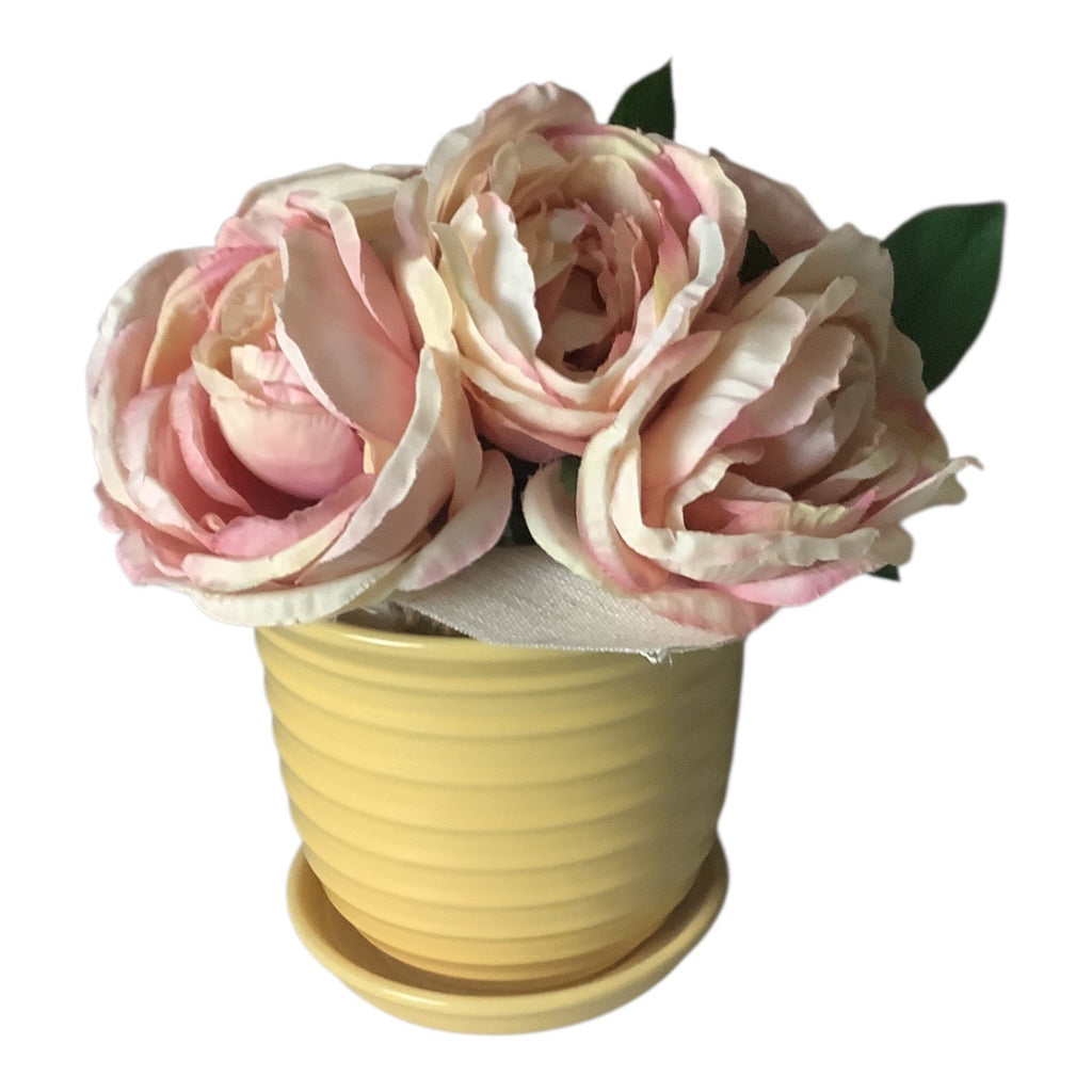 Shabby Chic Pink Faux Peony Floral & Yellow Ribbed Ceramic Pot Set Home Decor