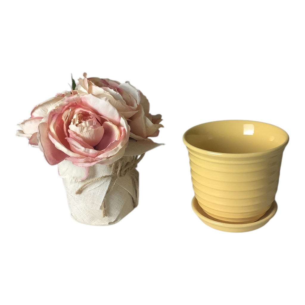 Shabby Chic Pink Faux Peony Floral & Yellow Ribbed Ceramic Pot Set Home Decor