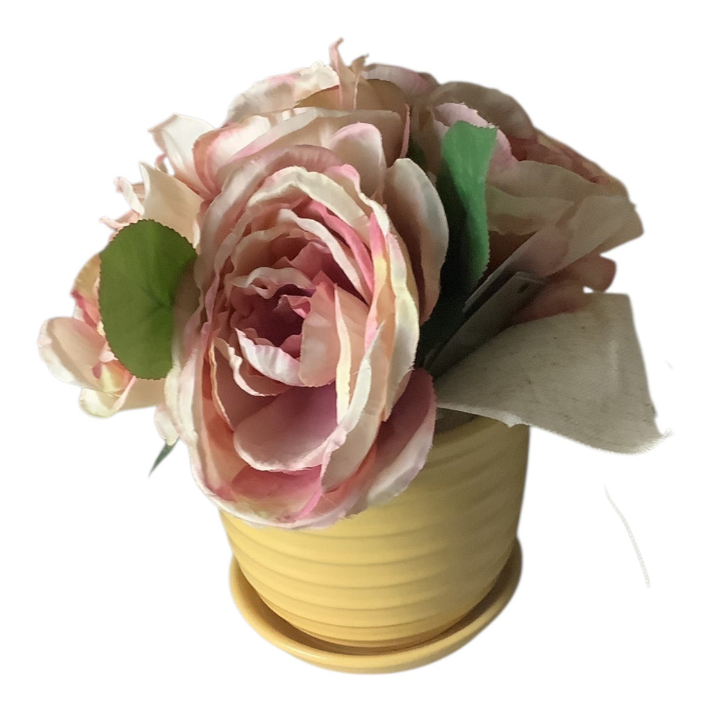 Shabby Chic Pink Faux Peony Floral & Yellow Ribbed Ceramic Pot Set Home Decor