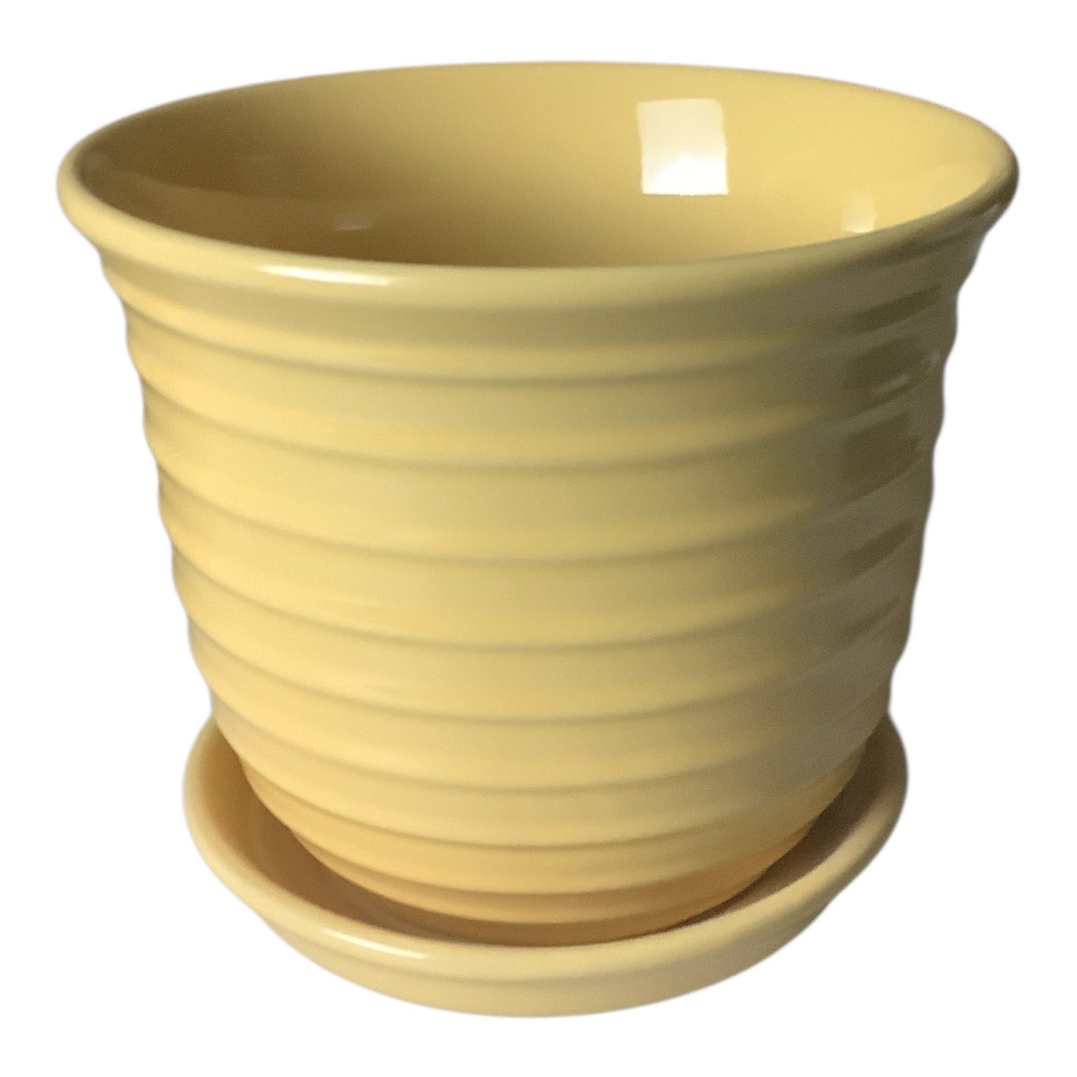 Shabby Chic Pink Faux Peony Floral & Yellow Ribbed Ceramic Pot Set Home Decor