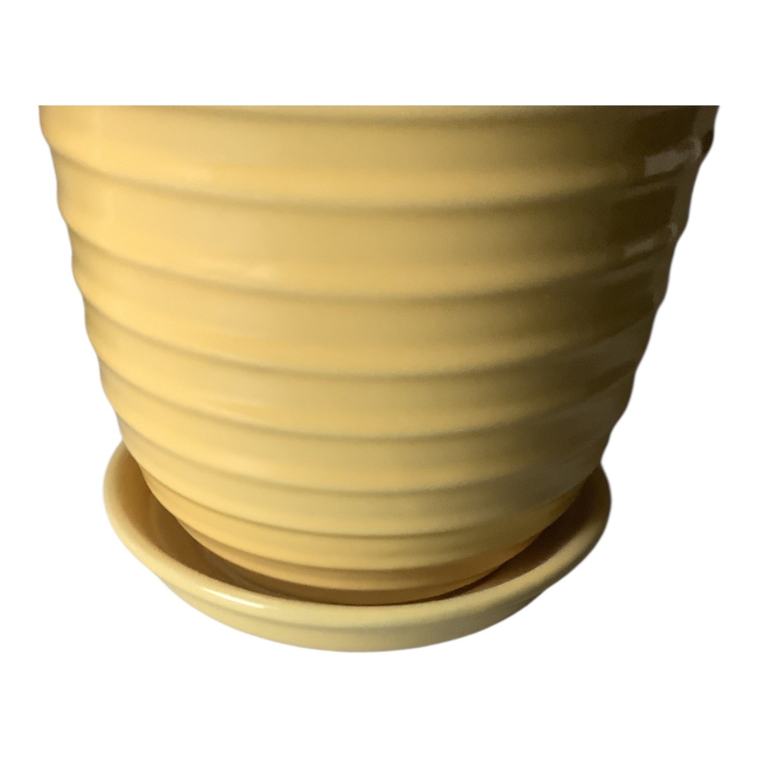 Shabby Chic Pink Faux Peony Floral & Yellow Ribbed Ceramic Pot Set Home Decor