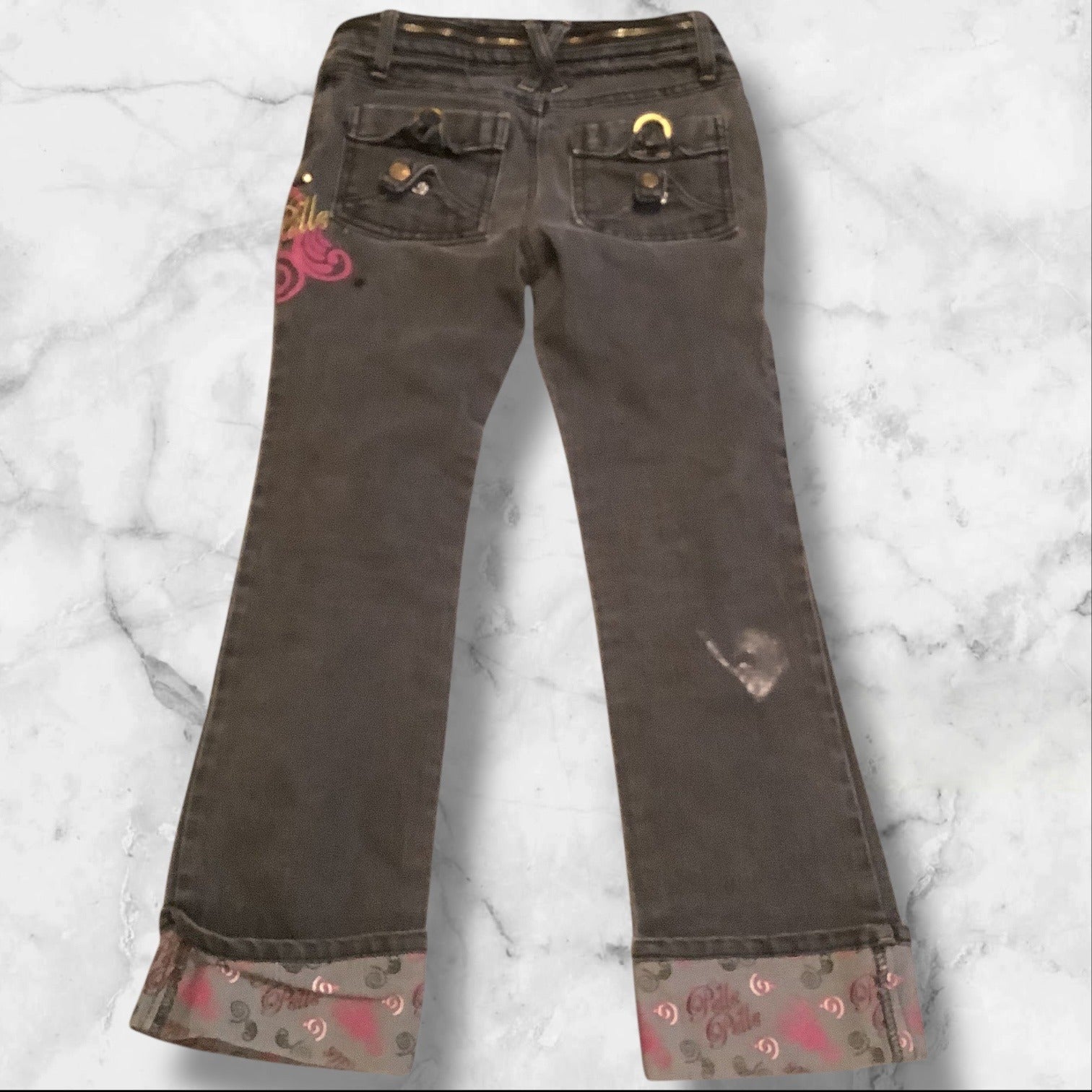 PellePelle Girls Size 6X Black Jeans With Belle Belle Design & Embroidered Cuffs