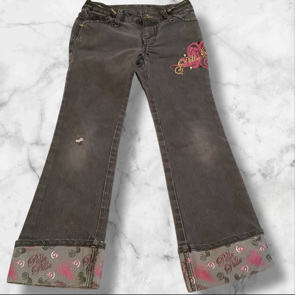PellePelle Girls Size 6X Black Jeans With Belle Belle Design & Embroidered Cuffs