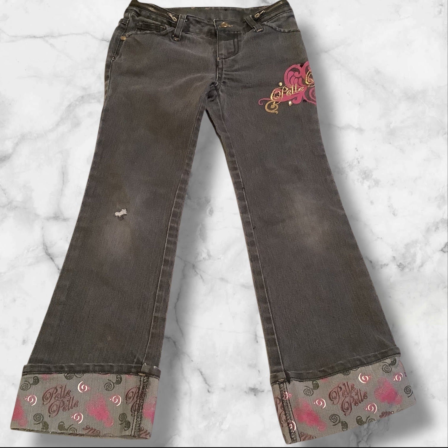 PellePelle Girls Size 6X Black Jeans With Belle Belle Design & Embroidered Cuffs